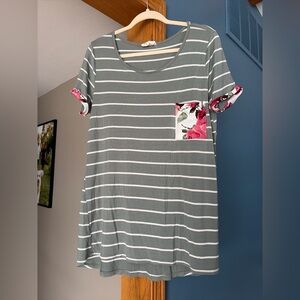 Greenish/Gray Striped Blouse with Floral Pocket